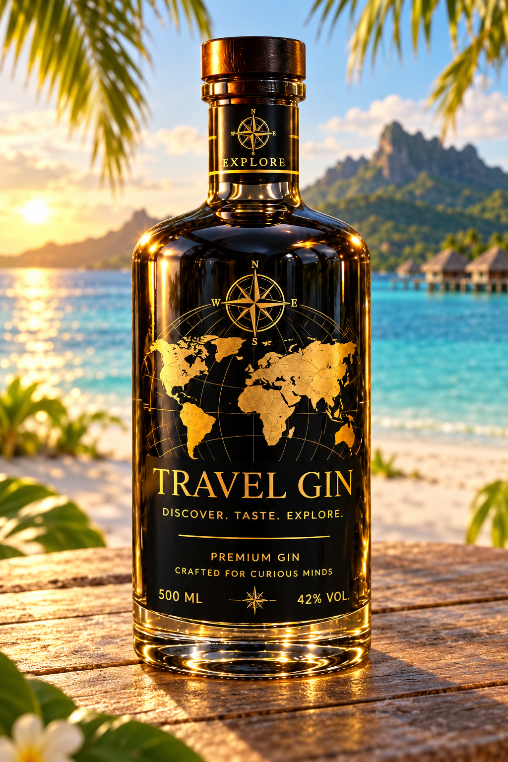 Travel-Gin-Flaschenentwurf vor einer Südseelagune mit Palmen im Sonnenuntergang