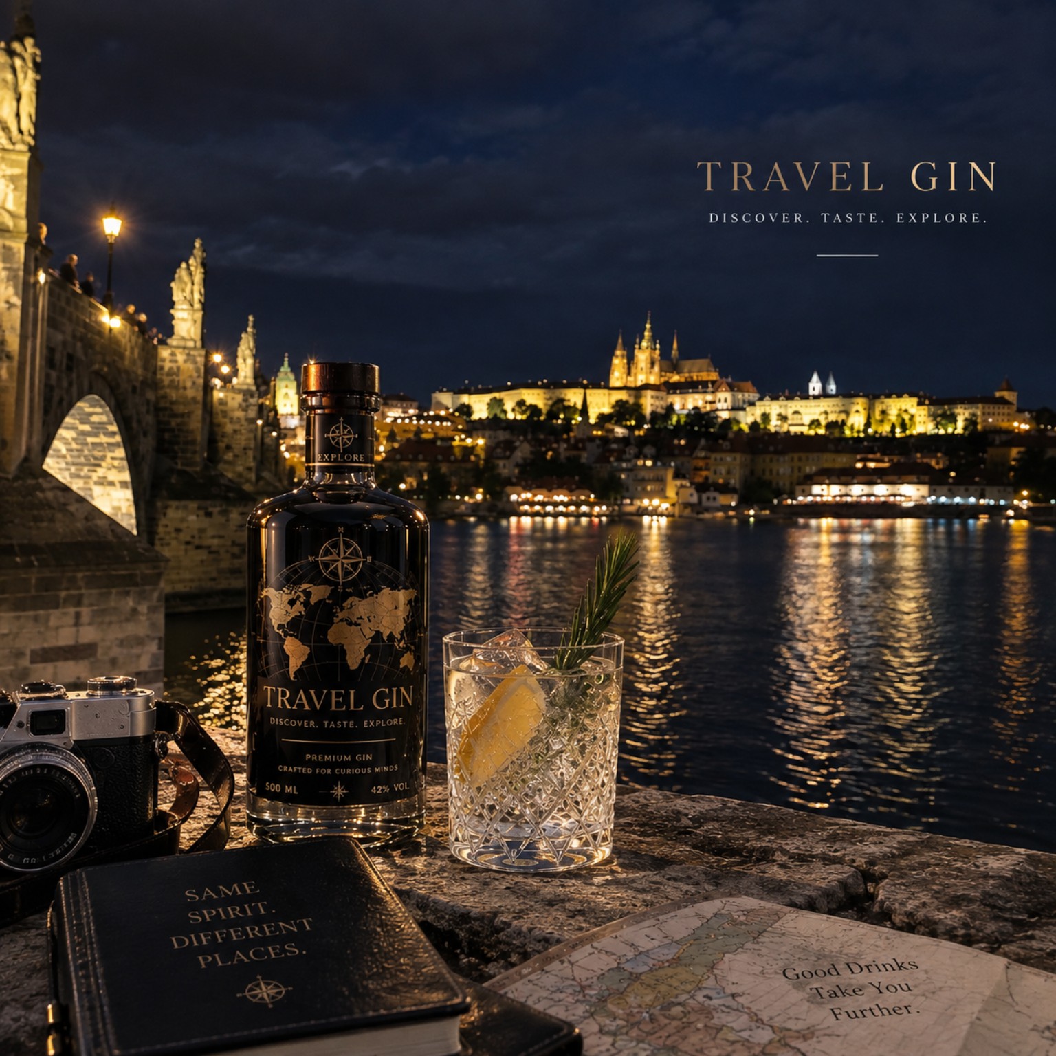 Travel-Gin-Design vor der abendlich beleuchteten Prager Flusskulisse